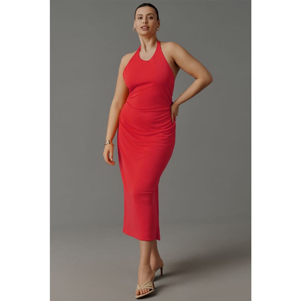 Anthropologie NWT Cherry Tomato Orange-Red Slinky Halter Midi Dress Size XL